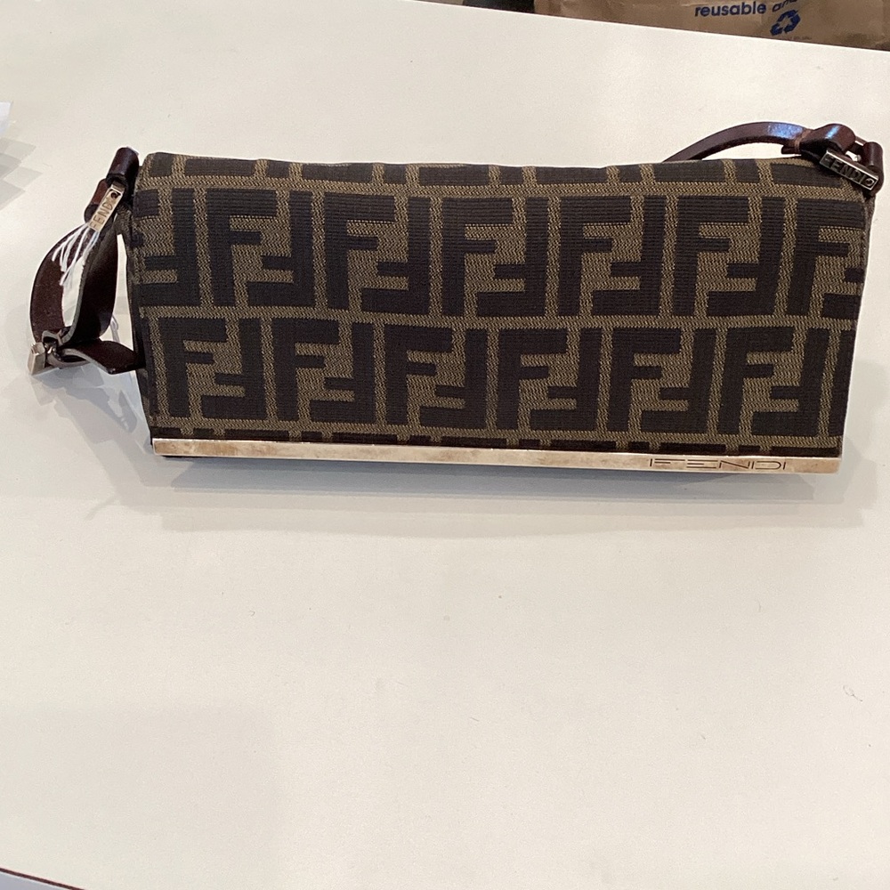Fendi FF Zucca Canvas Clutch Shoulder Bag in Brown